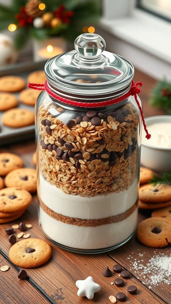 A cookie jar filled with layers of chocolate chips and oats, surrounded by freshly baked cookies on a wooden table.